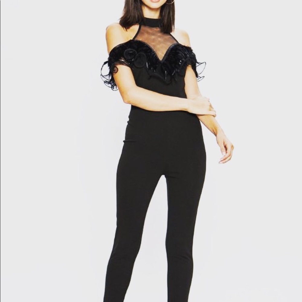 Long Jumpsuit black w /feathers